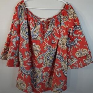 🦋 AGB Red Paisley Off-Shoulder Blouse M 21"Stretches To 23"